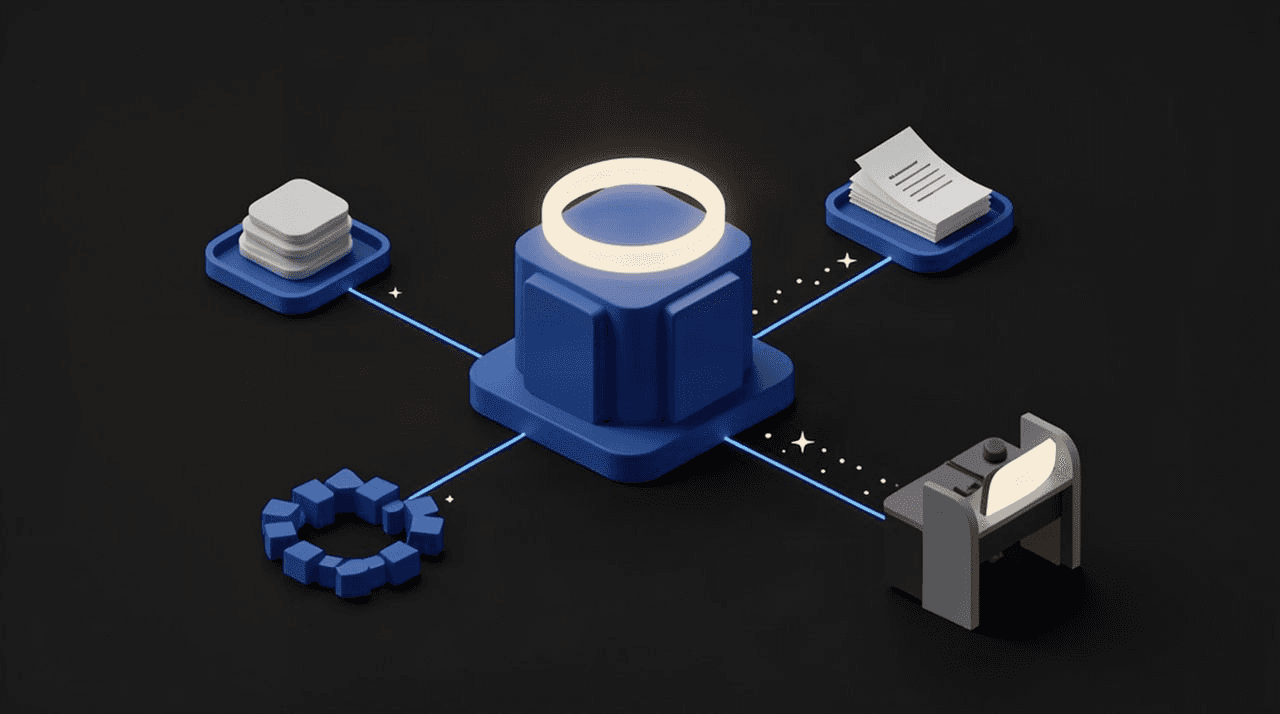Illustration of an AI agent preparing quotes around a cobalt document pavilion, with a human review workstation beside it