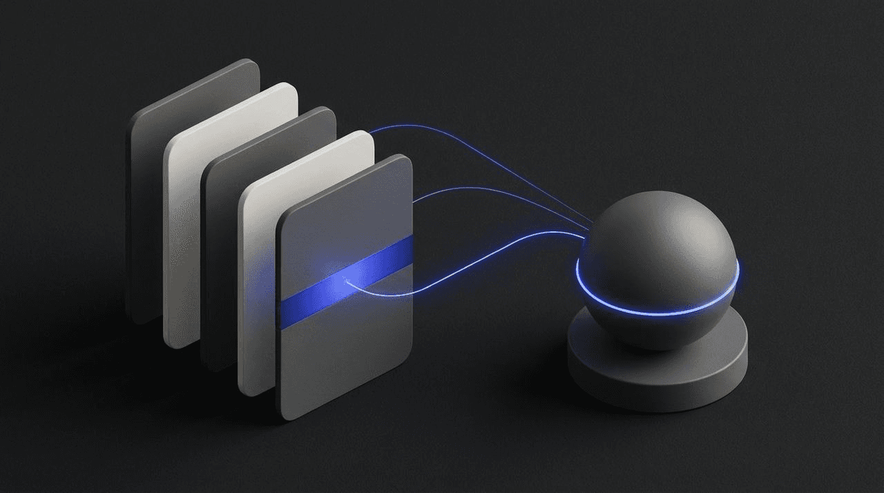 Abstract pages with one highlighted passage flowing along cobalt blue lines into a central answer sphere