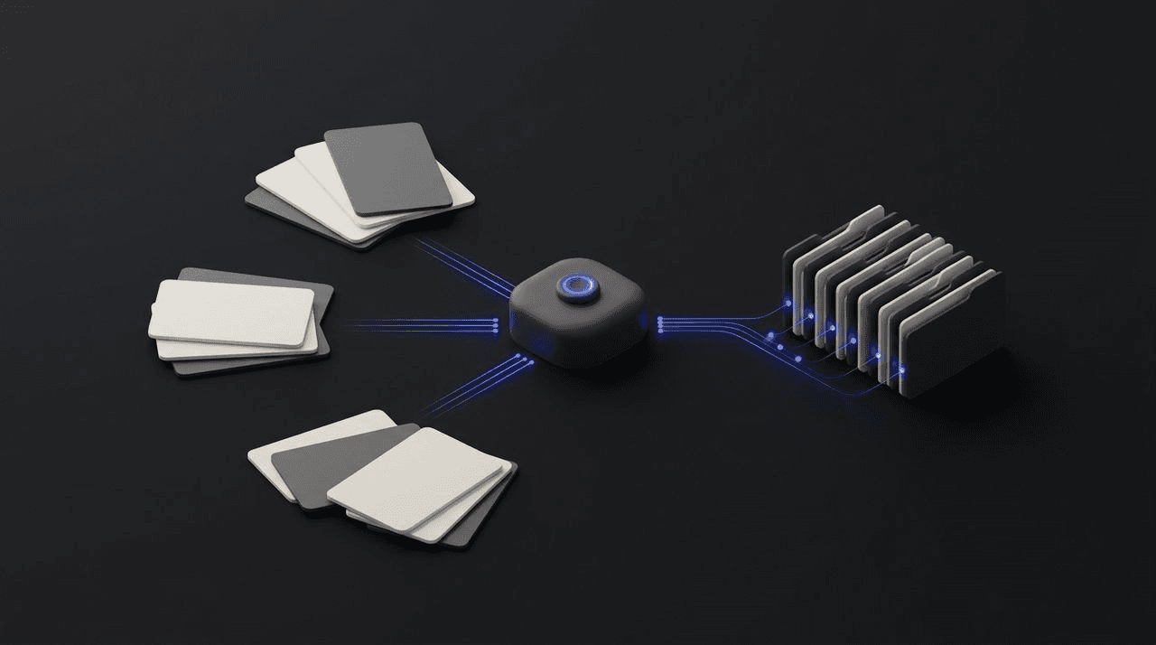 Loose documents from different folders coming together through an AI agent in one searchable knowledge base