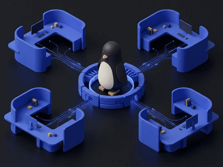 Four abstract cobalt workstations connected to a central Linux workstation shaped like a penguin