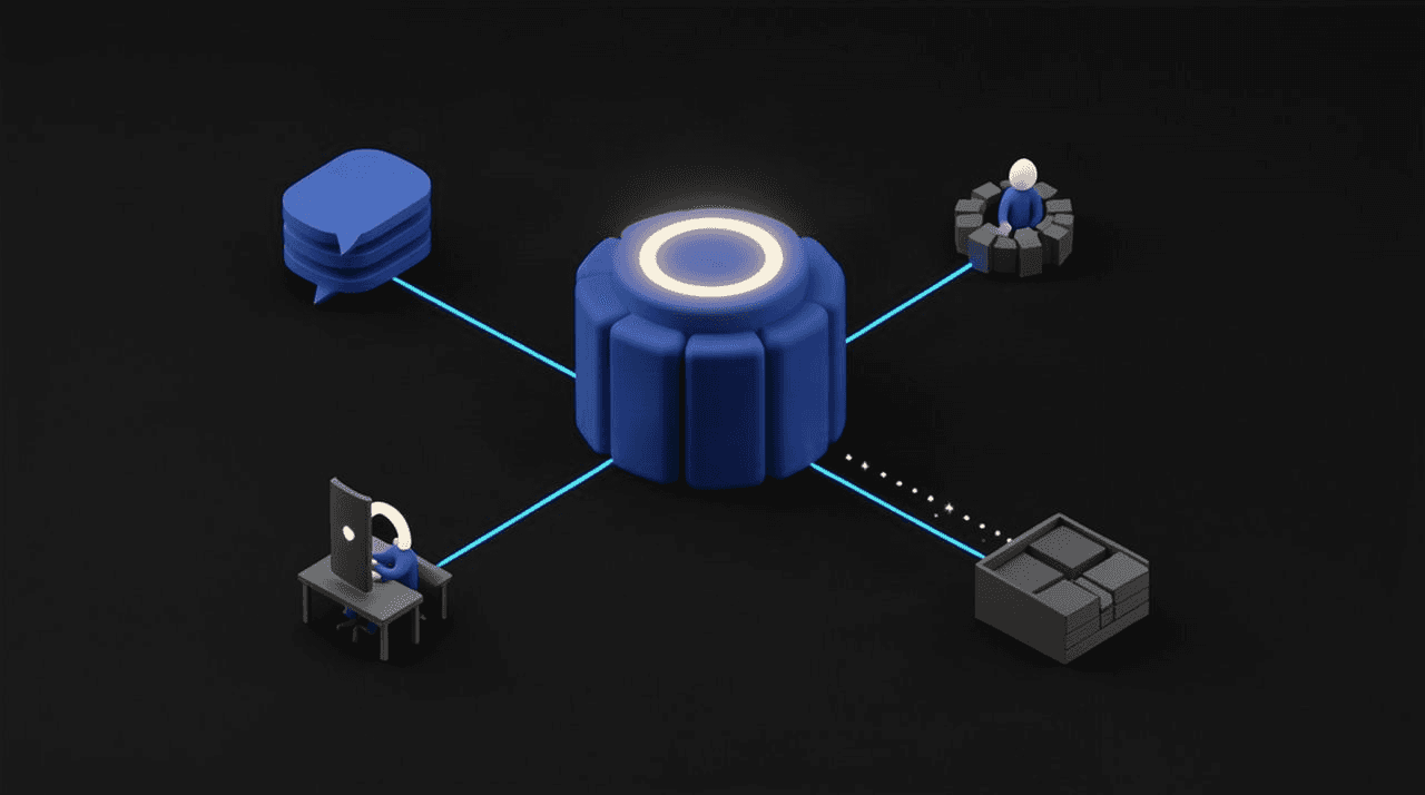 An abstract dark illustration of a cobalt service pavilion for first-line support, with a separate human workstation for escalations