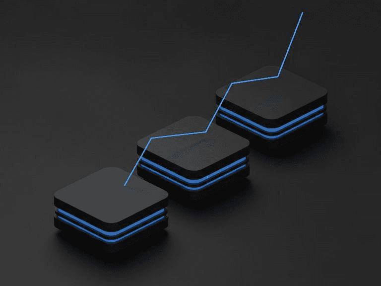 Abstract illustration: three hardware tiers from small to large with cobalt memory layers and a rising line