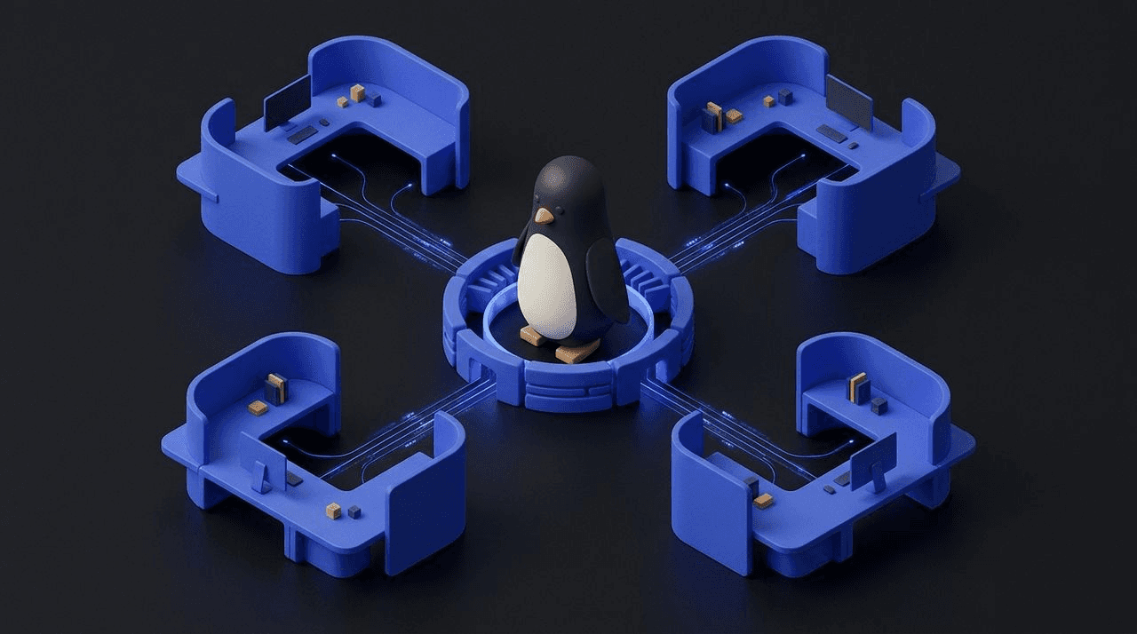 Four abstract cobalt workstations connected to a central Linux workstation shaped like a penguin